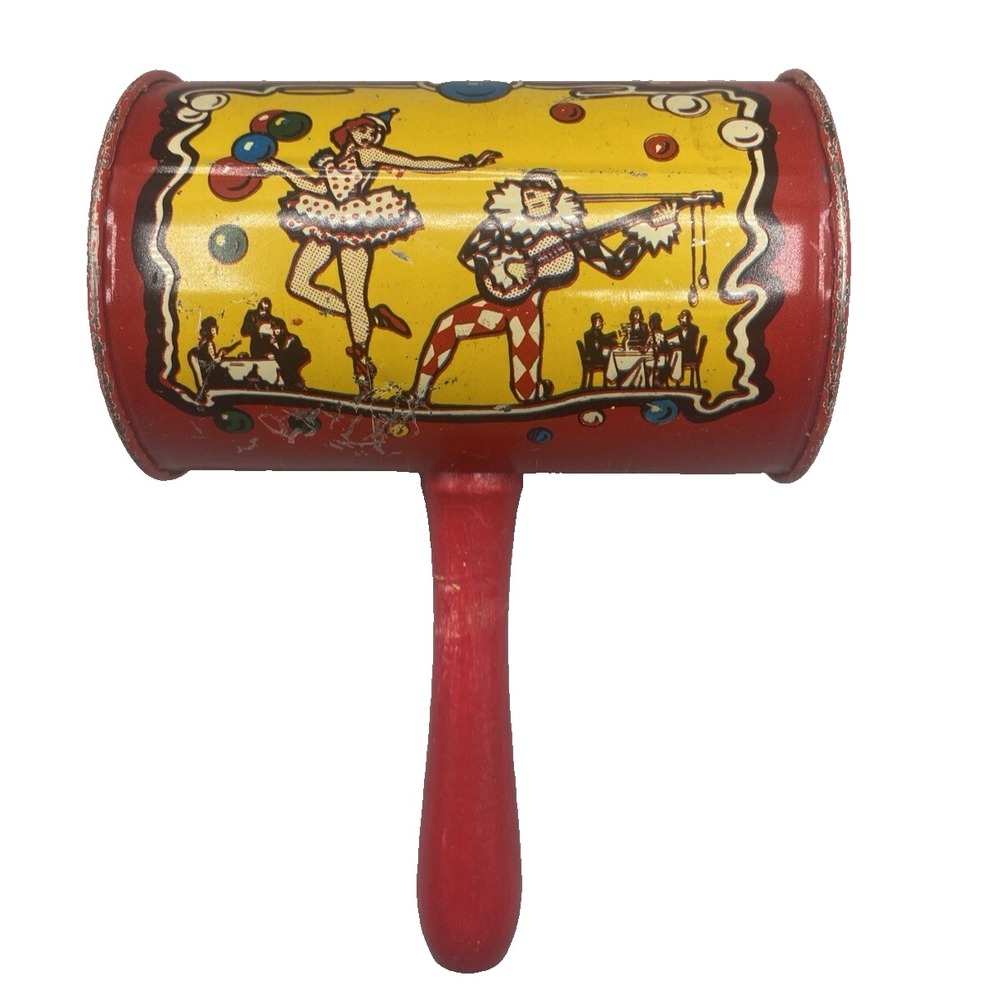 Vintage Tin Litho Noisemaker Rattle Red Wood Handle Circus Clown Ballerina Toy